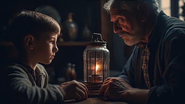 Illustrazione di un padre che insegna a suo figlio ad accendere una lanterna