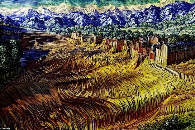 illustrazione di un paesaggio astratto con uno sfondo montuoso