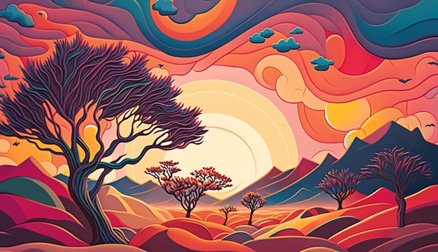 Illustrazione di un paesaggio con alberi e montagne sullo sfondo ai generativa