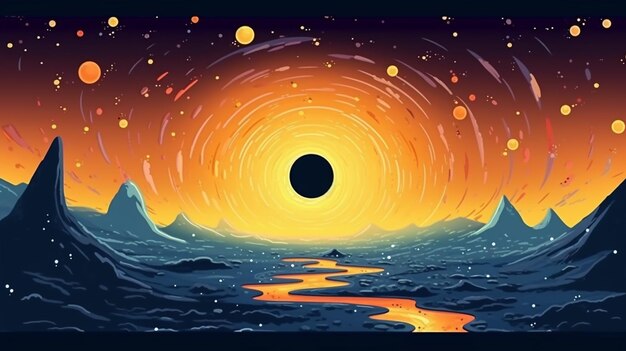 Illustrazione di un paesaggio con un fiume e un buco nero ai generativo