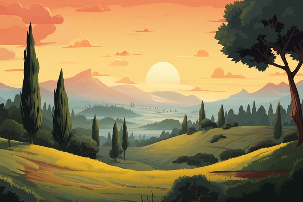 illustrazione di un paesaggio con un tramonto e una montagna generativa ai