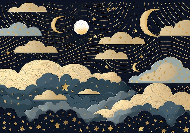 Illustrazione di un paesaggio da sogno dettagliato in costellazioni di cielo grigio scuro e beige nuvole bellissimo cielo stellato IA generativa