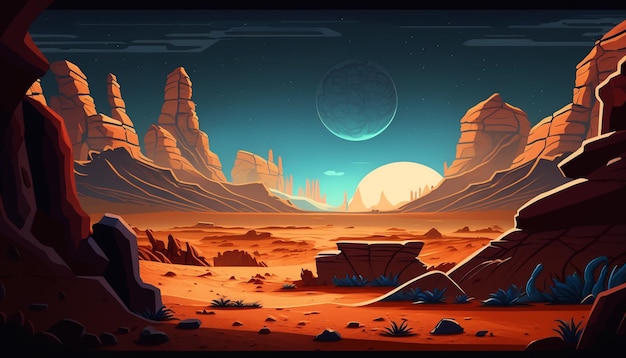 Illustrazione di un paesaggio desertico con una luna e un lontano pianeta generativo ai