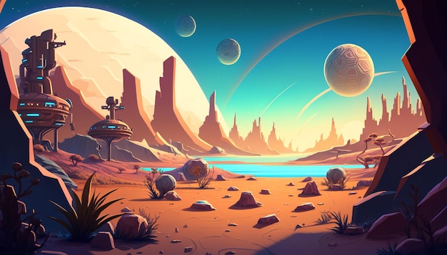 Illustrazione di un paesaggio futuristico con un'astronave e un pianeta generativo ai