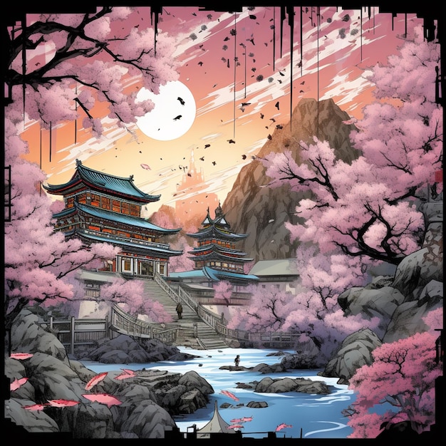illustrazione di un paesaggio giapponese con un fiume e una pagoda generativo ai