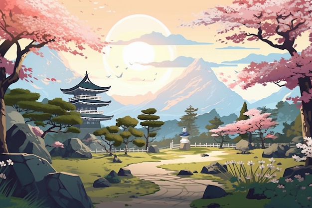 Illustrazione di un paesaggio giapponese con una pagoda e un percorso generativo ai