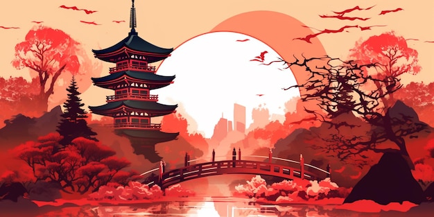 illustrazione di un paesaggio giapponese con una pagoda e un ponte generativo ai