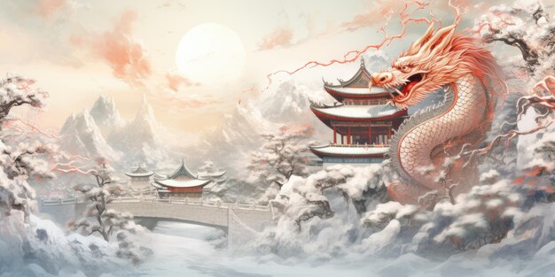 Illustrazione di un paesaggio invernale e un drago sopra la città vecchia Generativa AI