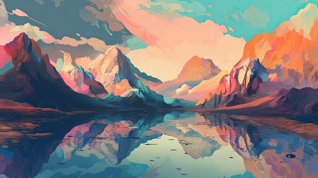 Illustrazione di un paesaggio naturale di montagne e di un lago in estate IA generativa