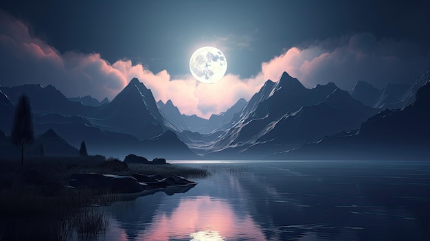 Illustrazione di un paesaggio notturno con un grande lago lunare e montagne