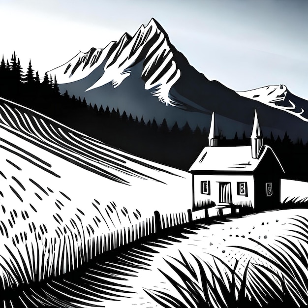 illustrazione di un paesaggio rurale con una chiesa in montagna