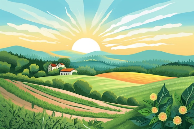 illustrazione di un paesaggio rurale con una fattoria e sole generativo ai