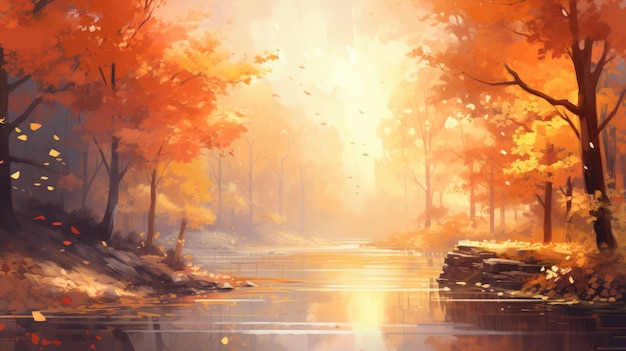 Illustrazione di un paesaggio sereno d'autunno con foglie colorate che cadono