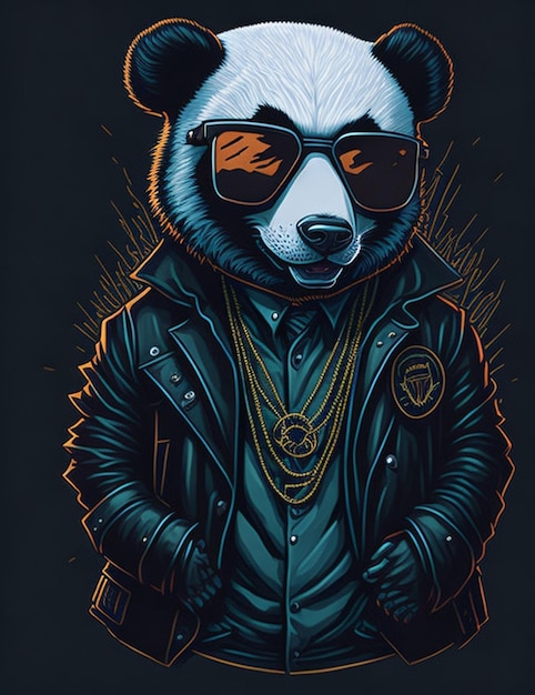 illustrazione di un panda gangster in costume su sfondo nero generativo ai