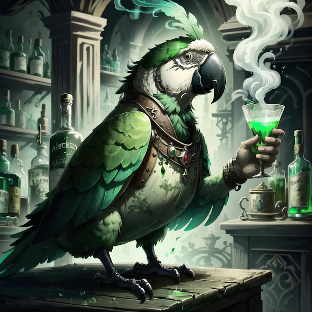 illustrazione di un pappagallo con bottiglie di alchimia di liquido verde bollente