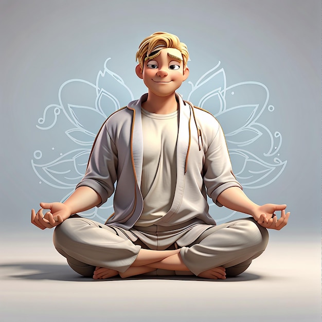 Illustrazione di un personaggio di cartone animato 3D di un uomo in meditazione seduto sul pavimento in posizione di loto yoga