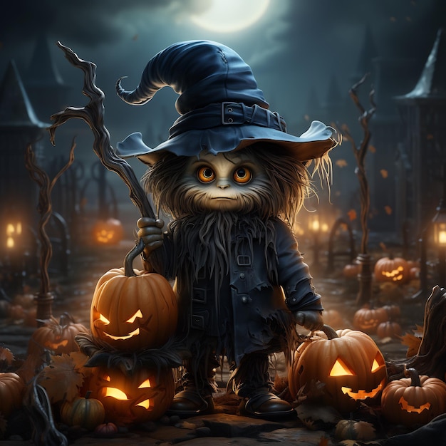 Illustrazione di un personaggio di Halloween che tiene le zucche con le scope nel cortile