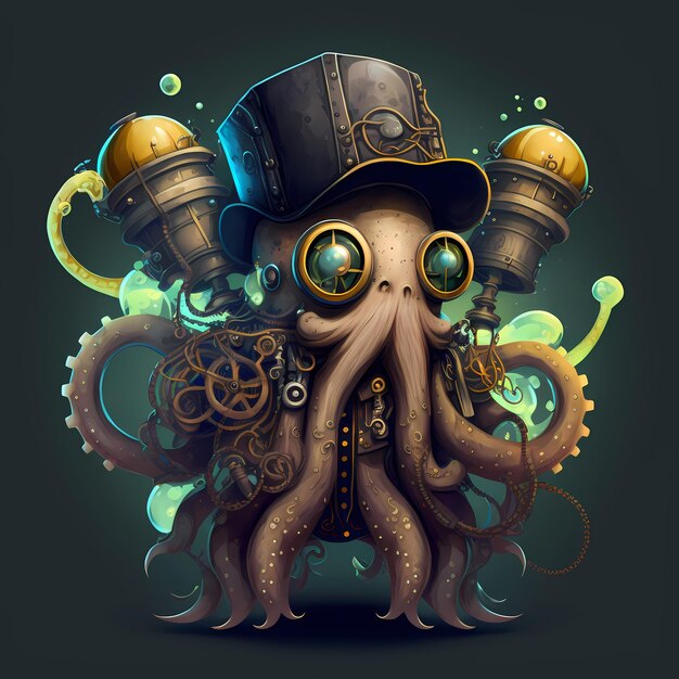 Illustrazione di un personaggio di Octopus Monster, stile steampunk, disegno di un personaggio dei cartoni animati