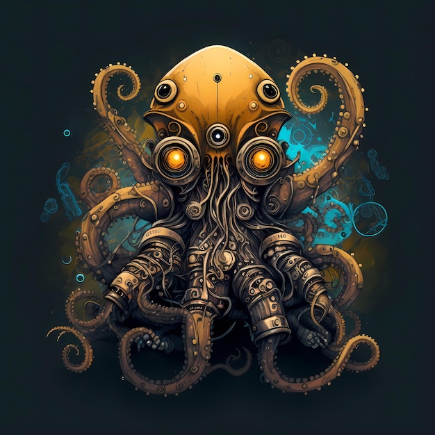 Illustrazione di un personaggio di Octopus Monster, stile steampunk, disegno di un personaggio dei cartoni animati
