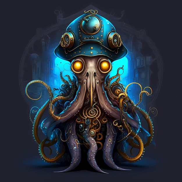 Illustrazione di un personaggio di Octopus Monster, stile steampunk, disegno di un personaggio dei cartoni animati