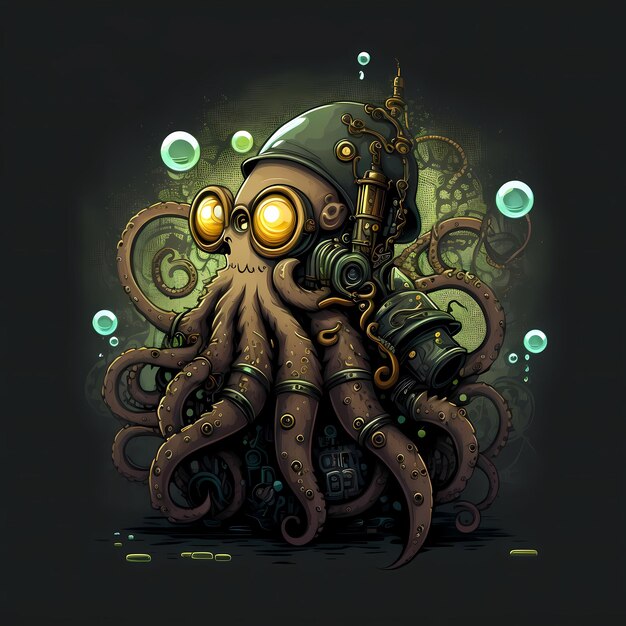 Illustrazione di un personaggio di Octopus Monster, stile steampunk, disegno di un personaggio dei cartoni animati