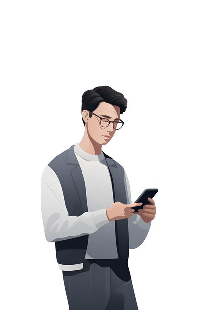 Illustrazione di un personaggio maschile semplice e pulita che tiene in mano uno smartphone Strumenti di intelligenza artificiale generativa