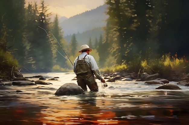 Illustrazione di un pescatore che cattura la trota su un fiume