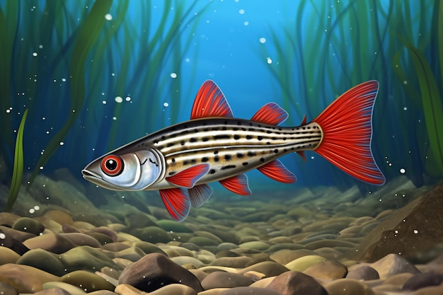 Illustrazione di un pesce che nuota in acqua con alghe sullo sfondo