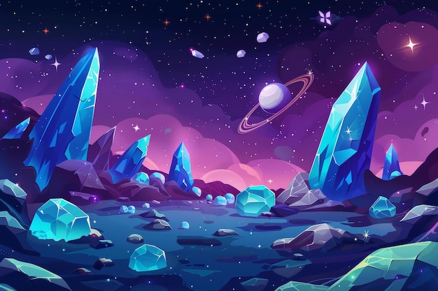 Illustrazione di un pianeta alieno come sfondo di gioco spaziale con rocce cristalli blu luccicanti satelliti e stelle