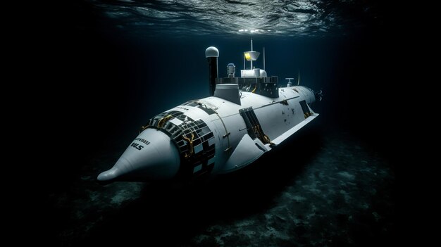 Illustrazione di un piccolo sottomarino da ricerca bianco che si tuffa in acque scure