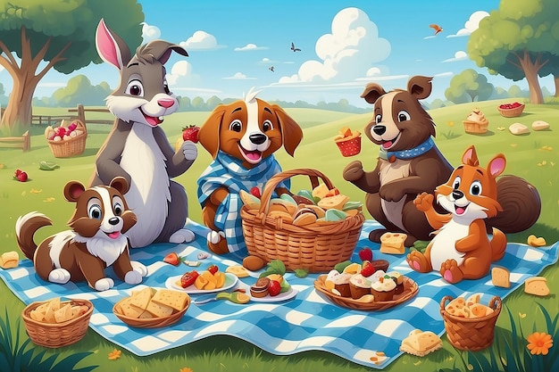 Illustrazione di un picnic per animali in un campo d'erba