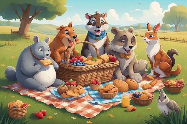 Illustrazione di un picnic per animali in un campo d'erba