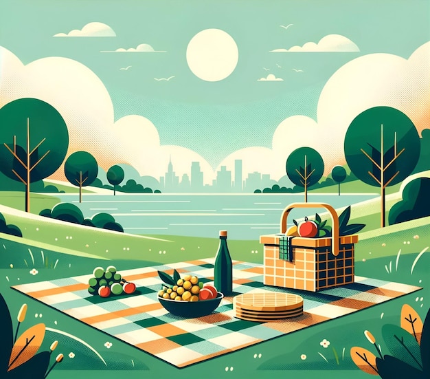 Illustrazione di un picnic sulla riva di un lago calmo per il giorno del picnic della nazione