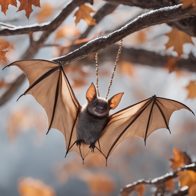 illustrazione di un pipistrello con le foglie autunnali colorate come concetto di halloween di sfondo