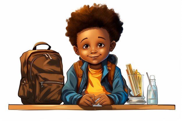 illustrazione di un ragazzino africano seduto su un tavolo scolastico