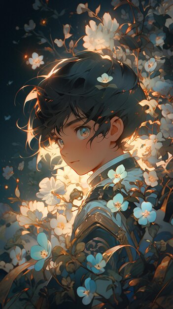 illustrazione di un ragazzo in piedi di fronte a fiori luminosi in una foresta buia