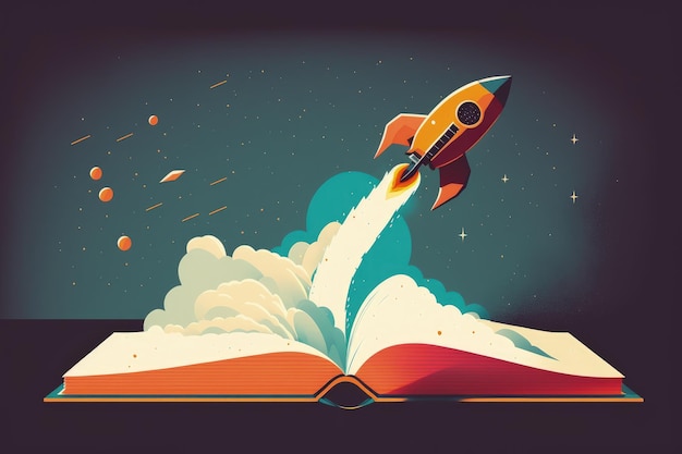 Illustrazione di un razzo che decolla da un libro istruzione e concetto di avvio IA generativa
