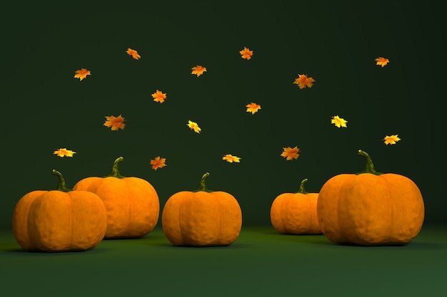 Illustrazione di un rendering 3D per le vacanze di Halloween con foglie autunnali di zucca e acero