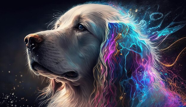 Illustrazione di un retriever bianco a testa di cane con le cuffie e musica di dog leastening AI generativa