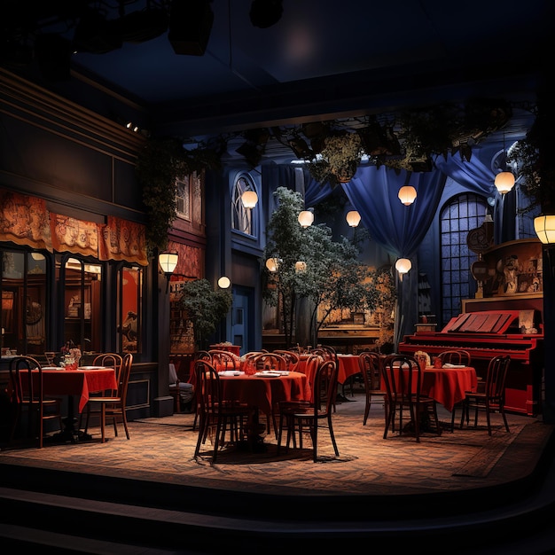 illustrazione di un ristorante con un palco per spettacoli e un realista