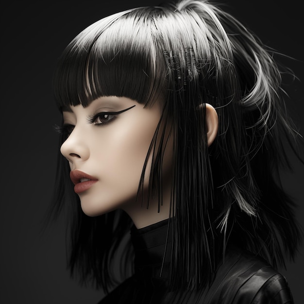 Illustrazione di un ritratto di moda a taglio di capelli creato come opera d'arte generativa utilizzando l'IA