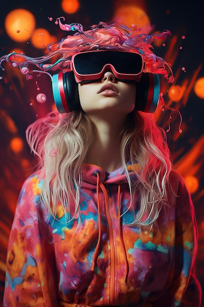 Illustrazione di un ritratto di moda che indossa un auricolare VR di realtà virtuale creato come un'opera d'arte generativa utilizzando l'AI