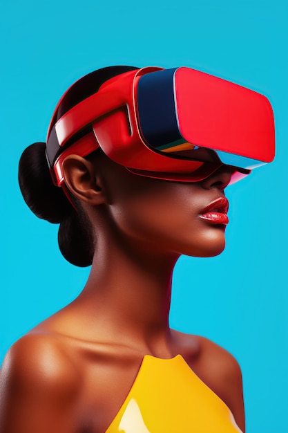 Illustrazione di un ritratto di moda che indossa un visore VR per realtà virtuale creato come opera d'arte generativa utilizzando l'intelligenza artificiale