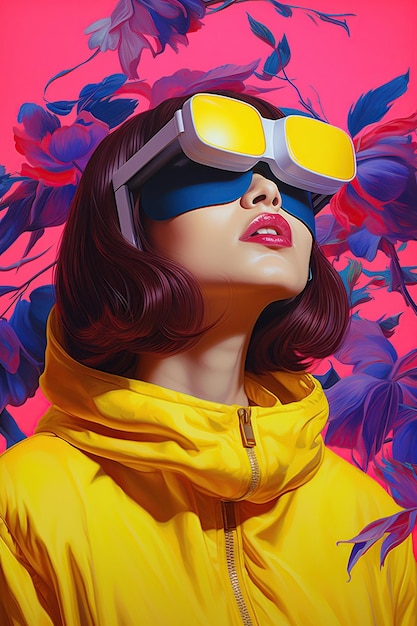 Illustrazione di un ritratto di moda che indossa un visore VR per realtà virtuale creato come opera d'arte generativa utilizzando l'intelligenza artificiale