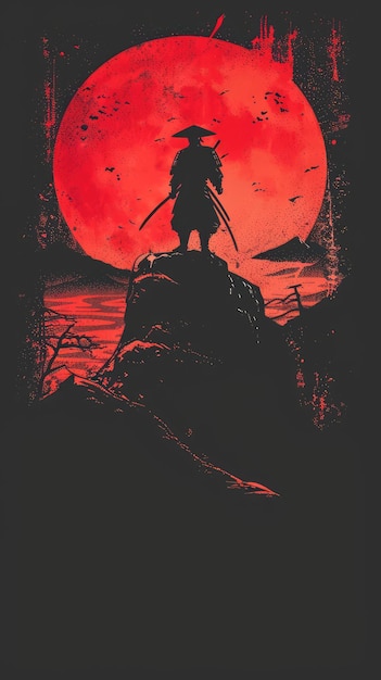 Illustrazione di un samurai con una luna rossa dietro di lui Immagine generata dall'IA