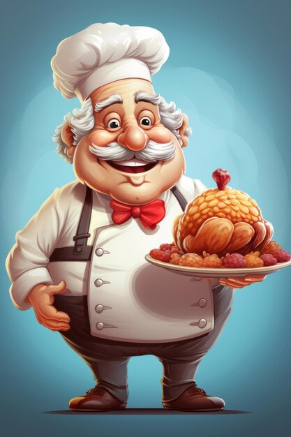 Illustrazione di un simpatico chef di tacchino che tiene una torta in mano per il Ringraziamento