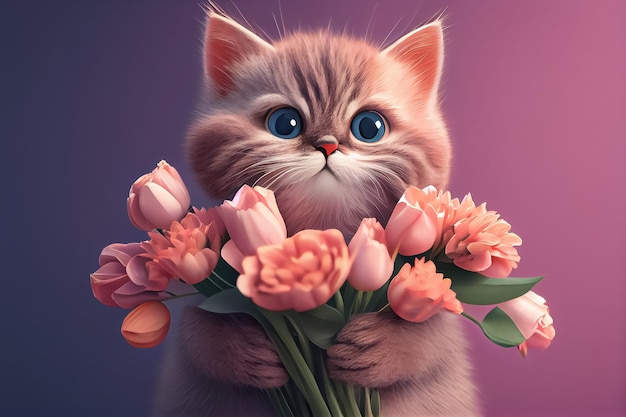 Illustrazione di un simpatico gatto che dà dei fiori su sfondo rosa AI