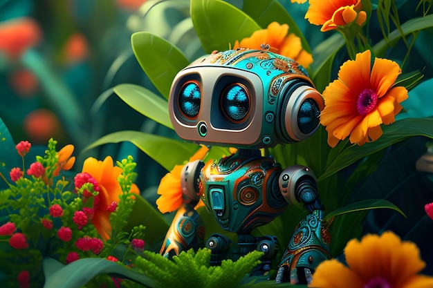 Illustrazione di un simpatico robot su uno sfondo di fiori IA generativa