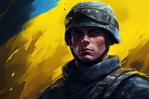 Illustrazione di un soldato militare con la bandiera ucraina