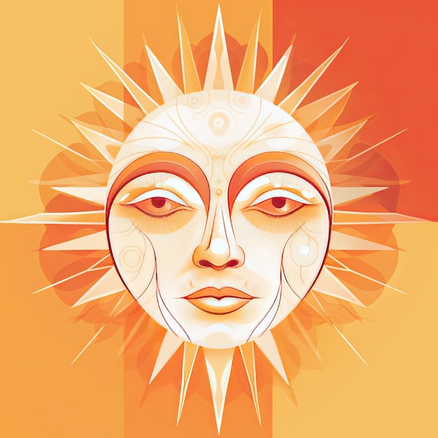 Illustrazione di un sole con la faccia su uno sfondo colorato IA generativa